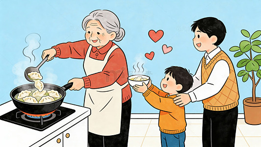 温馨家庭厨房插画