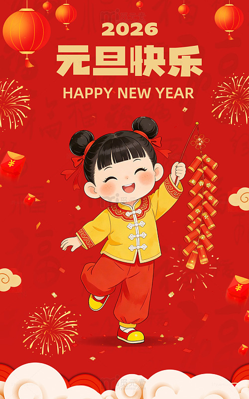 卡通风新年欢庆女孩放鞭炮海报设计素材