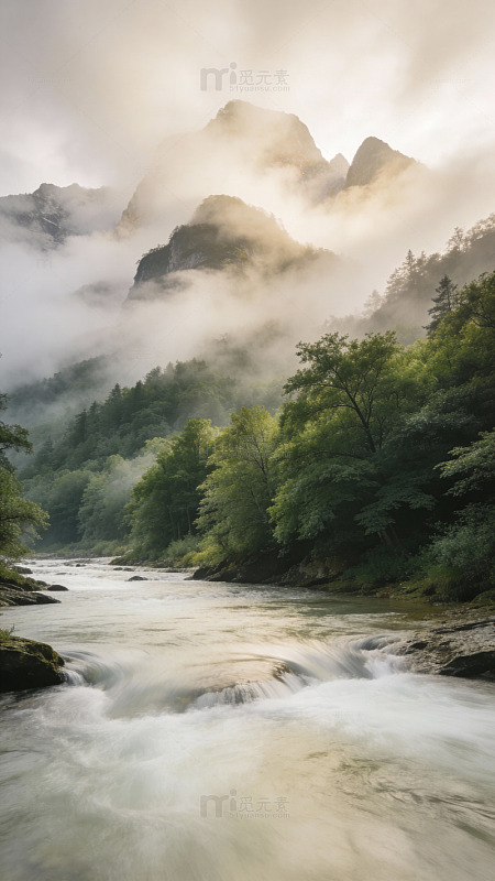 山水雾霭溪流风光摄影图片