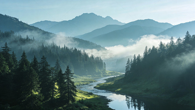 山间晨雾风景画