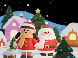 卡通圣诞节雪景场景