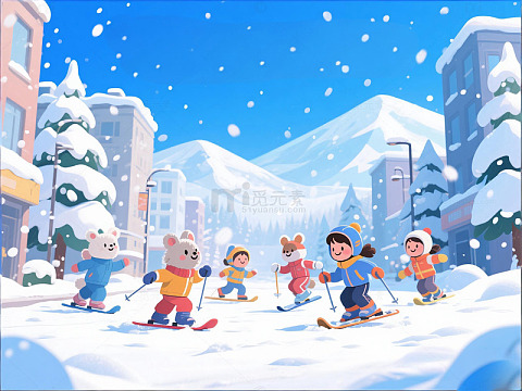 卡通风滑雪场景儿童插画