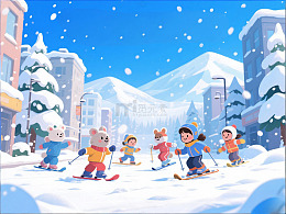 卡通风滑雪场景儿童插画