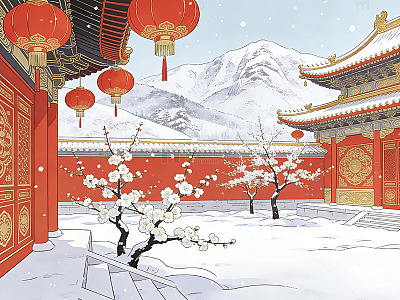 中国风雪古建筑插画