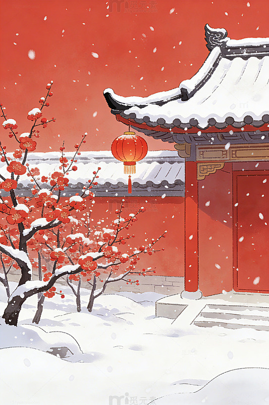 雪中红墙梅花手绘插画