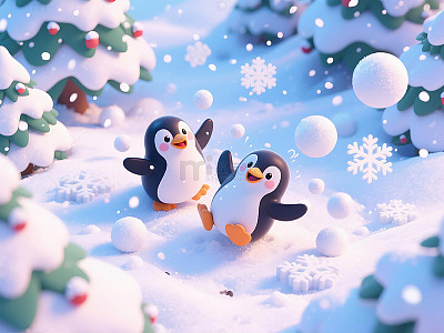 可爱冬季企鹅雪景动画场景