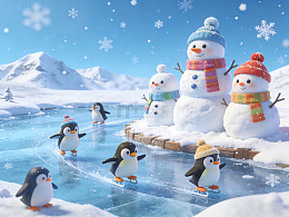 冰雪企鹅雪人冬季场景卡通插画