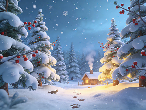 雪景圣诞夜森林小屋