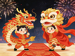 中国春节舞龙舞狮卡通插画