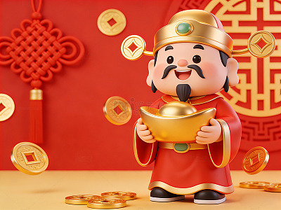 卡通财神爷金币装饰新年喜庆场景