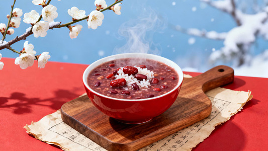热红豆粥配梅花雪景图片