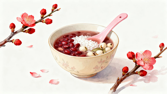 红豆莲子粥配梅花枝图片