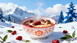 雪地热汤面图片