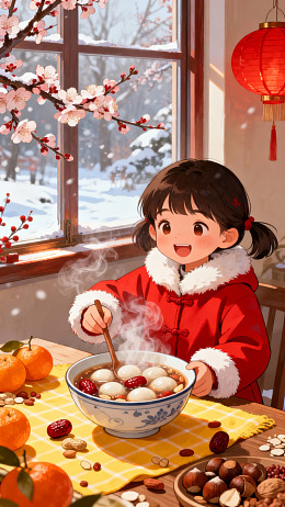 小女孩冬日吃汤圆图片
