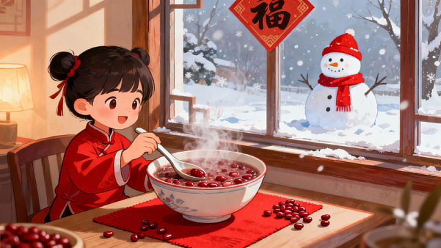 女孩冬日窗边吃红豆粥