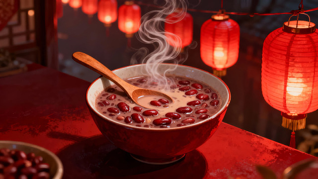 热气腾腾的红豆汤配红灯笼