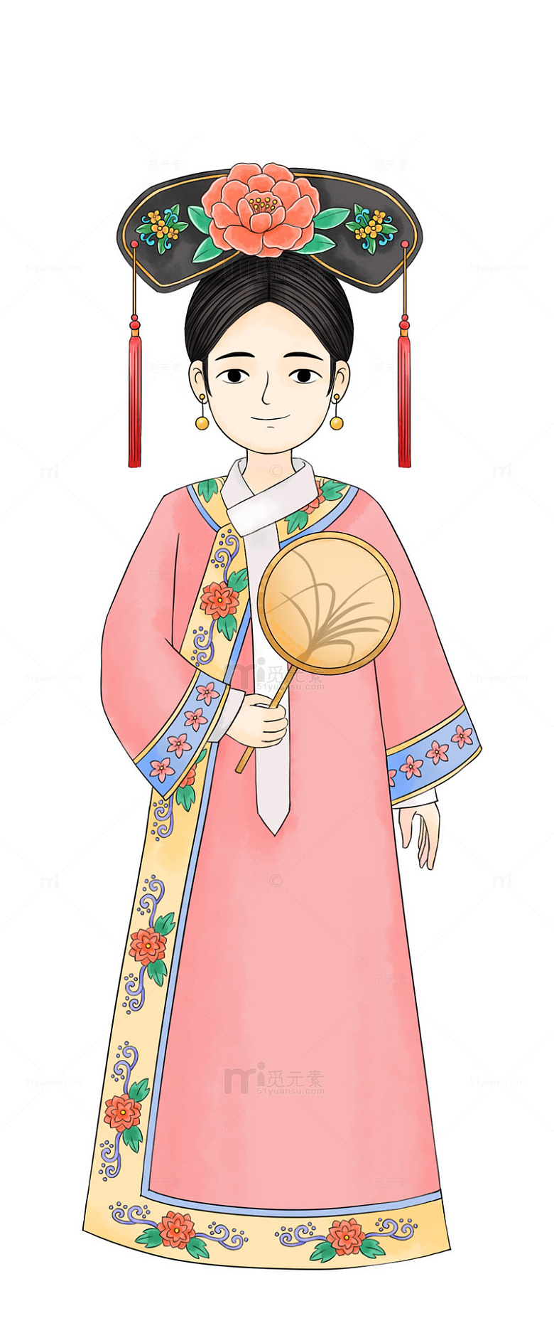 满族古典装扮手持扇的清朝女子