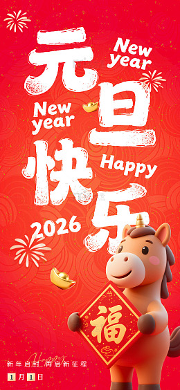 卡通马年新年元旦海报