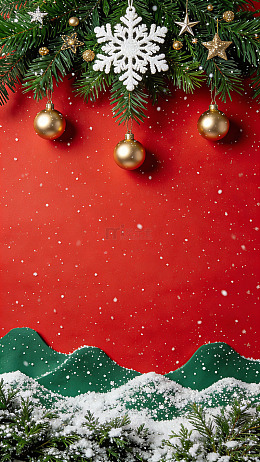 红金色氛围感圣诞节红绿雪景装饰背景素材