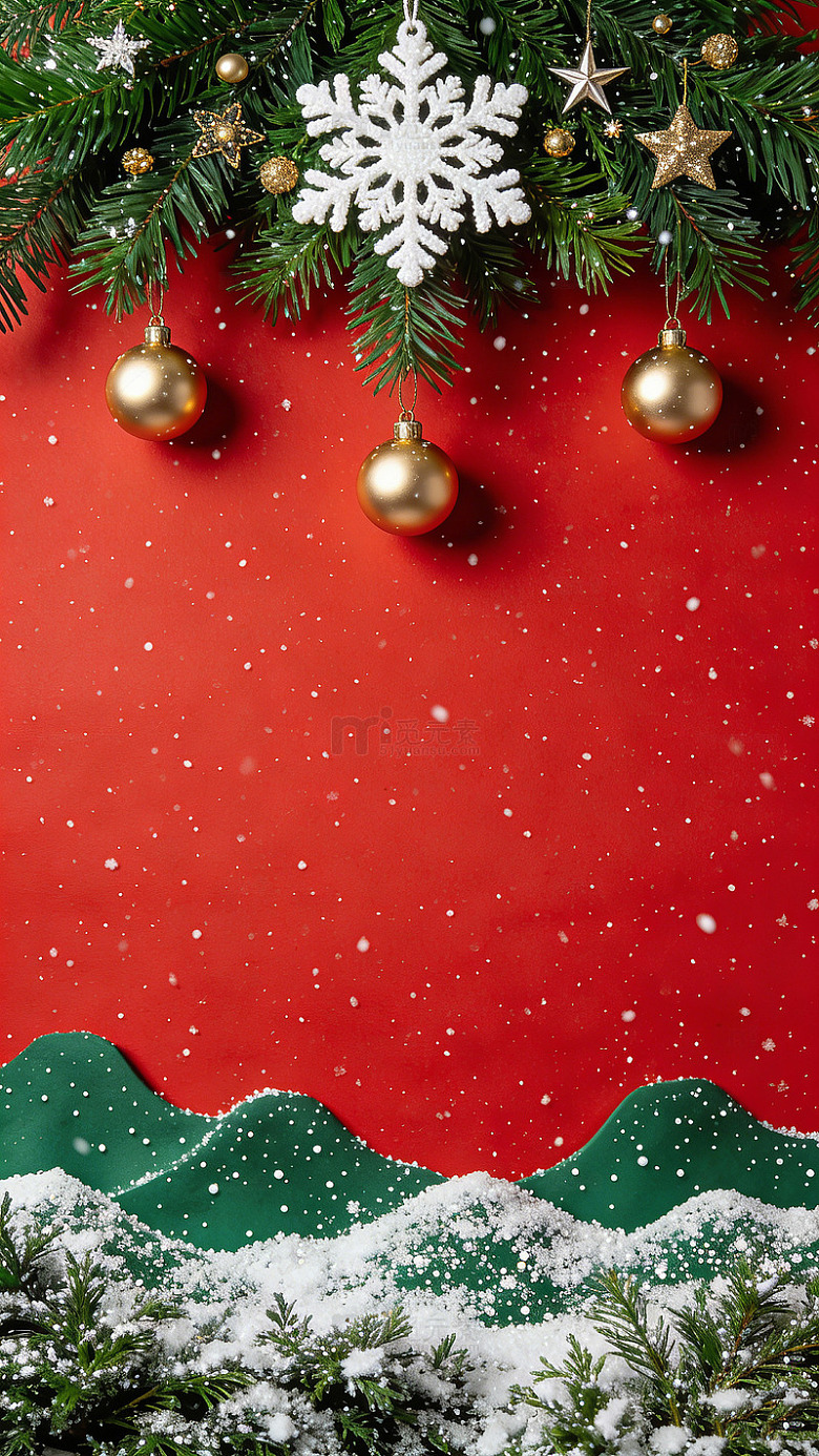 红金色氛围感圣诞节红绿雪景装饰背景素材