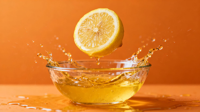 柠檬入水溅起金黄液体