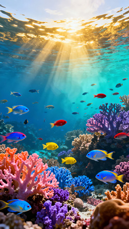 阳光下的多彩珊瑚礁与鱼群