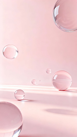 粉色背景下的透明水珠漂浮
