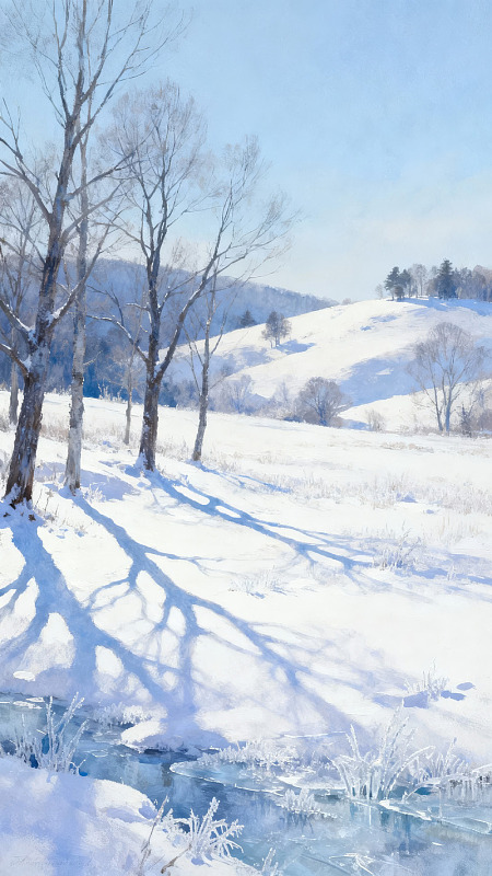 雪地林影溪流静谧冬景