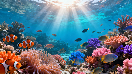 阳光海底珊瑚鱼群生机盎然