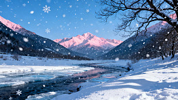 雪山溪流雪景冬日风光