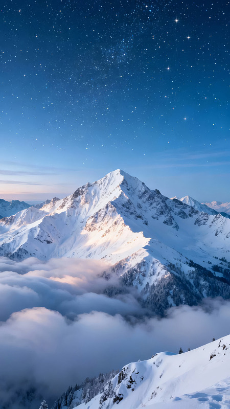 星空下的雪山云海景观