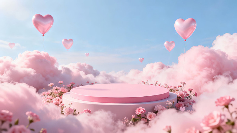 粉色云端花环与心形气球