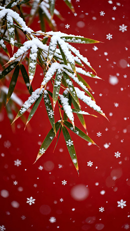 雪覆竹叶红背景雪花飘