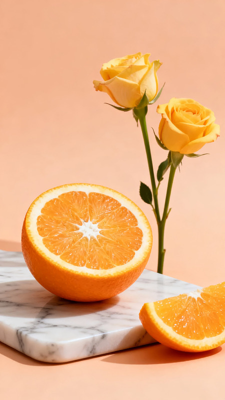 橙子切片与黄玫瑰静物