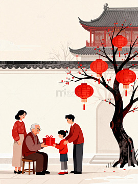 春节团圆送礼盒插画