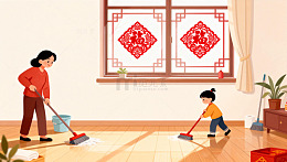 春节大扫除家庭场景插画