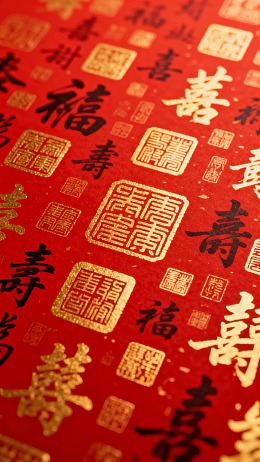 红色背景上的金色福寿喜字