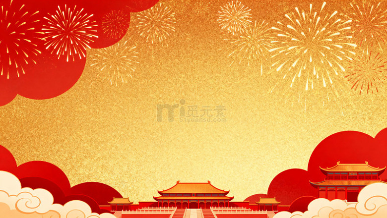 春节庆典金色烟花古建筑图