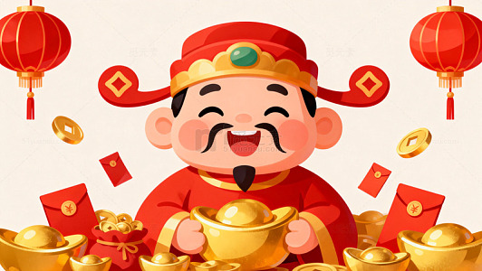 喜庆卡通财神爷金元宝红灯笼插画