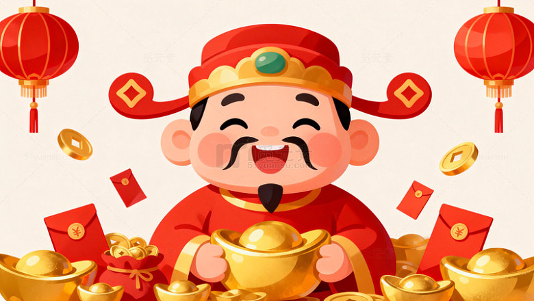 喜庆卡通财神爷金元宝红灯笼插画
