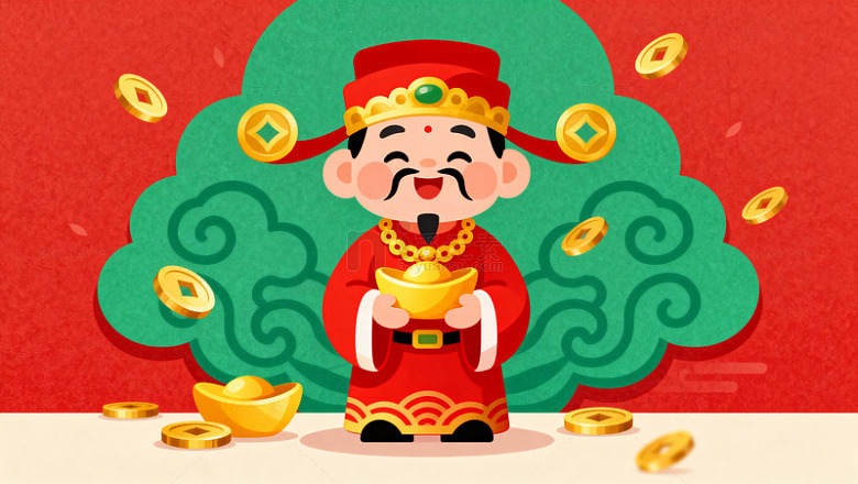 喜庆卡通财神爷金元宝插画
