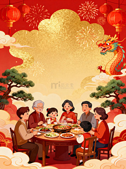 新春佳节合家欢乐聚餐插画