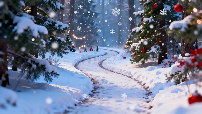 雪景森林小径节日装饰图