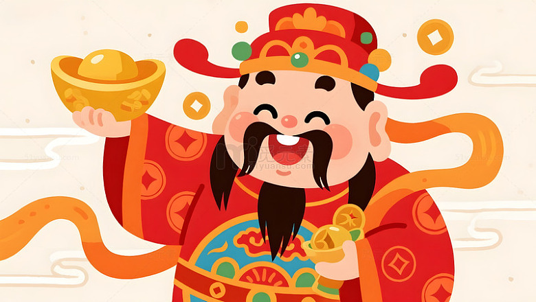 喜庆财神爷送金元宝插画