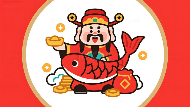 卡通财神爷鱼金币庆祝图