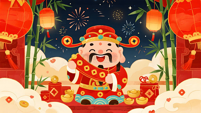 卡通风格春节财神送福图