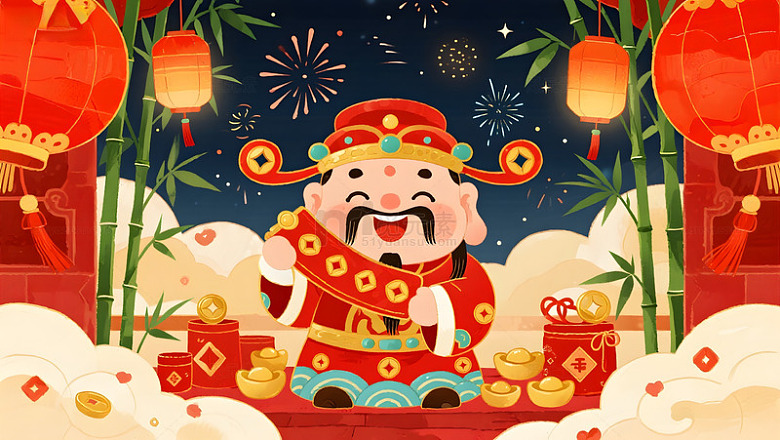 卡通风格春节财神送福图