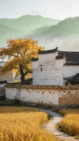 古村秋意石板路风景摄影
