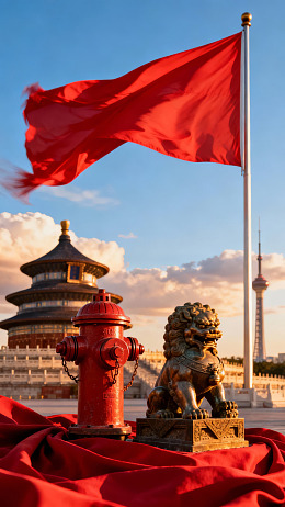 红旗飘扬下的古建筑与狮子雕像
