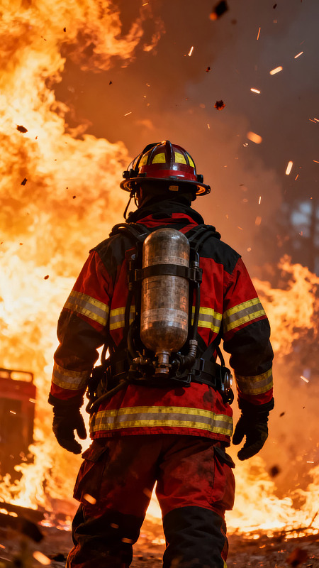 消防员背对烈焰灭火图片